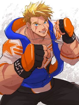 1boy amagayu0104 black_pants blonde_hair blue_eyes blue_jacket clenched_hands commentary_request dog_tags fingerless_gloves gloves grin highres jacket looking_at_viewer luke_sullivan male_focus muscular muscular_male pants scar scar_across_eye scar_on_arm scar_on_face short_hair smile solo street_fighter street_fighter_6 sweat undercut white_background