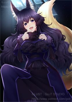 Rule 34 | 1girl, animal ear fluff, animal ears, blush, breasts, clip studio paint (medium), dress, fox ears, fox girl, fox tail, go-it, log horizon, long dress, long hair, medium breasts, nureha (log horizon), purple eyes, purple hair, smile, solo, tail, very long hair, wavy hair