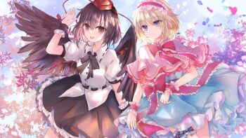 2girls alice_margatroid black_bow black_bowtie black_skirt black_wings blonde_hair blue_dress blue_sky bow bowtie brown_hair capelet collared_shirt commentary_request commission dress falling_petals feathered_wings feet_out_of_frame foliage frilled_bow frilled_hairband frilled_ribbon frilled_wrist_cuffs frills hairband hand_up hat hat_tassel kazu_(muchuukai) light_smile multiple_girls open_mouth petals petticoat pink_capelet puffy_short_sleeves puffy_sleeves red_bow red_hairband red_hat red_ribbon ribbon ribbon-trimmed_collar ribbon_trim shameimaru_aya shirt short_hair short_sleeves skeb_commission skirt sky smile thigh_strap tokin_hat touhou white_shirt wings wrist_cuffs