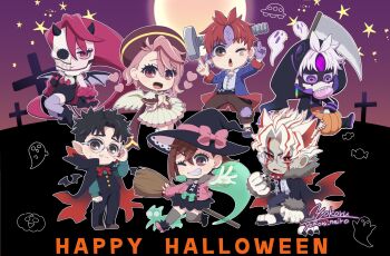 3girls 4boys acrobatic_silky_(dandadan) adjusting_eyewear angel angel_wings artist_name ayase_momo barefoot black_boots black_cape black_dress black_hair black_hat black_hood black_jacket black_pants blue_jacket boots broom brown_eyes brown_hair brown_hat brown_pants brown_shoes cape cat chibi chibi_only clawed_feet cloak colored_skin cosplay crossed_bangs dandadan death_(entity) demon_costume demon_girl demon_horns demon_wings dress dual_persona earrings enjoji_jin evil_eye_(dandadan) facial_mark fang fang_out frankenstein&#039;s_monster frankenstein&#039;s_monster_(cosplay) full_moon fur-trimmed_jacket fur_trim furrowed_brow gakuran ghost glasses graveyard grey_skirt grey_thighhighs grim_reaper grim_reaper_(cosplay) grin half_mask halloween_bucket halloween_costume happy_halloween hat highres hood hood_up hooded_cloak horns jacket jewelry lollipop_in_mouth long_hair mask moon multicolored_hair multicolored_skin multiple_boys multiple_girls object_through_head one_eye_closed one_eye_covered outstretched_hand own_hands_clasped own_hands_together pants parted_bangs parted_lips pink_hair pink_jacket pointing pointing_up purple_eyes purple_skin red_eyes red_hair round_eyewear scar scar_on_arm school_uniform screw_in_head scythe sharp_teeth shiratori_aira_(dandadan) shoes short_hair skirt smile streaked_hair suit_jacket takakura_ken_(dandadan) takakura_ken_(transformed)_(dandadan) teeth thighhighs third_eye two-tone_skin vampire_costume very_long_hair werewolf_costume white_dress white_hair wings witch witch_hat yokoru