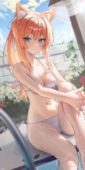 1girl alternate_costume animal_ear_fluff animal_ears bikini blue_archive chabi009 halo highres interlocked_fingers knee_up light_smile long_hair looking_at_viewer mari_(blue_archive) navel orange_hair ponytail poolside qet sitting solo swimsuit white_bikini yellow_halo