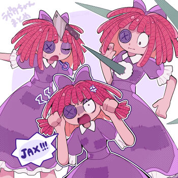 1girl anger_vein artist_name bow brown_eyes closed_eyes closed_mouth collared_dress colored_inner_hair constricted_pupils doll dress eyeshadow frilled_dress frills furrowed_brow grabbing_own_hair hair_bow highres holding_own_hair impaled knife_in_head long_dress makeup multicolored_hair multiple_views no_pupils object_through_head open_mouth outline patchwork_clothes pink_background puff_of_air puffy_short_sleeves puffy_sleeves purple_bow purple_dress purple_eyeshadow ragatha_(the_amazing_digital_circus) red_hair short_sleeves simple_background skn_1027 speech_bubble spikes sweatdrop the_amazing_digital_circus two-tone_background v-shaped_eyebrows white_background white_outline