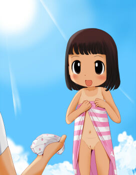 1girl age_difference artist_request blush breasts cleft_of_venus loli panties unworn_panties pov puipui_(puipui_oracle) pussy sharing small_breasts tagme tan tanline towel underwear