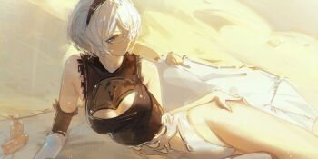 1girl 2b_(nier:automata) absurdres android blue_eyes breasts cleavage cleavage_cutout clothing_cutout detached_sleeves dudrinm elbow_gloves gloves hair_over_one_eye highres leotard looking_at_viewer lying medium_breasts medium_hair nier:automata nier_(series) on_side out_of_frame solo white_hair