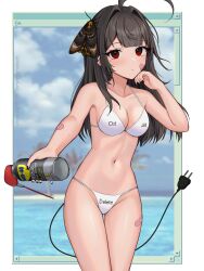 1girl ahoge animal animal_on_head artist_name bandaid bandaid_on_arm bandaid_on_cheek bandaid_on_face bandaid_on_leg bikini black_nails blurry blurry_background breasts brown_hair bug cable cable_tail can closed_mouth clothes_writing cloud cloudy_sky collarbone cowboy_shot ear_piercing electric_plug electric_plug_tail hair_intakes halterneck hand_up highres holding holding_can insect legs_together long_hair looking_at_viewer mechanical_tail medium_breasts microsoft_windows mole mole_on_breast mole_under_eye moth nail_polish navel on_head original outside_border piercing red_eyes sky solo standing string_bikini sweat swimsuit tail thigh_gap vickie_(cryingrobot) vickie_(cryingrobot)_(character) water wd-40 white_bikini window_(computing) windows_95 windows_classic