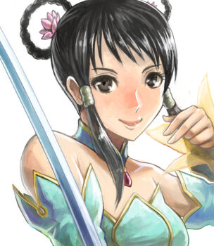 1girl bare_shoulders black_hair brown_eyes detached_sleeves dress female_focus flower hair_flower hair_ornament hair_rings hair_tubes jian_(weapon) lips nyaasora sidelocks smile solo soul_calibur soulcalibur soulcalibur_v sword upper_body weapon wuxia yan_leixia