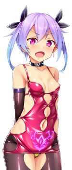 1girl areola_slip arms_behind_back bare_shoulders black_bow black_collar black_pantyhose blue_hair blush bow breasts clothing_cutout collar collarbone cowboy_shot dress earrings elbow_gloves fang fujii_natsumi_(ysphere) game_cg gloves gradient_hair hair_between_eyes hair_bow hair_ribbon jewelry large_variant_set looking_at_viewer microdress multicolored_hair navel navel_cutout nipples non-web_source official_art open_mouth panties pantyhose pink_dress pubic_tattoo pubic_tattoo_through_clothing purple_eyes purple_hair red_dress ribbon satou_kuuki shiny_clothes short_dress side_cutout simple_background sleeveless sleeveless_dress small_breasts smile solo soukou_seiki_ysphere standing tattoo twintails underwear v-shaped_eyebrows variant_set white_background yellow_panties