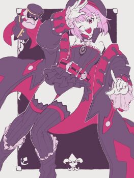 1girl a_nzi_end belt black_leotard coat commentary_request fate/grand_order fate_(series) hat helena_blavatsky_(fate) index_finger_raised leotard long_sleeves one_eye_closed open_mouth pink_hair red_eyes short_hair solo