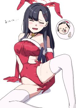 1boy 1girl :p alternate_costume animal_ear_hairband animal_ears arm_support bell black_hair blue_archive blush breasts closed_eyes clothing_cutout covered_navel doodle_sensei_(blue_archive) elbow_gloves fake_animal_ears fur-trimmed_gloves fur-trimmed_leotard fur_trim gloves groin hair_ornament hairband hairclip halo hat highleg highleg_leotard highres ichika_(blue_archive) japanese_text leotard long_hair neck_bell open_mouth osame rabbit_ears red_gloves red_leotard santa_hat sensei_(blue_archive) side_cutout simple_background small_breasts solo_focus spread_legs sweat thighhighs thumbs_up tongue tongue_out translated white_background white_thighhighs