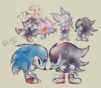2boys 2girls ? amy_rose angry bat_girl black_fur blue_fur bow commentary english_commentary furry hair_bow happy heart hedgehog_boy hedgehog_girl joy_joy_ahoy kiss kissing_cheek multiple_boys multiple_girls pink_fur rouge_the_bat shadow_the_hedgehog shoes signature sonic_(series) sonic_the_hedgehog white_fur