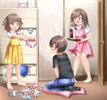 1boy 2girls barefoot black_hoodie black_socks blue_one-piece_swimsuit blue_panties blue_pants blue_school_swimsuit blush bottle bow bow_panties bra brand_name_imitation breasts brown_hair chest_of_drawers coca-cola cup cushion denim door doorway dress drink drinking_glass embarrassed flat_chest floral_print grey_ribbon hair_ribbon holding holding_panties holding_tray holding_underwear holding_unworn_clothes hood hoodie jeans kneeling loli mirror multiple_girls one-piece_swimsuit open_mouth orange_socks original pajamas panties pants pink_bow pink_bra pink_dress pink_panties polka_dot polka_dot_panties polka_dot_pants presenting_removed_panties print_dress puffy_sleeves purple_eyes renati_(renatium) ribbon school_swimsuit shirt short_hair short_sleeves shota siblings sisters sleeveless sleeveless_dress small_breasts smile socks soda soda_bottle standing striped_clothes striped_panties striped_socks surprised sweat swimsuit tray twintails underwear unworn_bra unworn_pants unworn_swimsuit white_bow white_panties white_shirt yellow_dress yellow_eyes