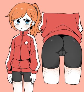 1girl :< akableak ass ass_focus bent_over bike_shorts blue_eyes body_freckles cameltoe charlotte_(akableak) closed_mouth cropped_legs fat_mons flat_chest freckles frown highres jacket loli long_hair looking_at_viewer multiple_views orange_hair original pink_background ponytail red_jacket shorts simple_background standing star_(symbol) thigh_gap tomboy
