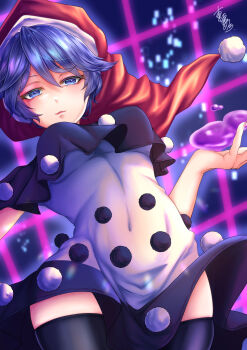1girl :3 black_capelet black_thighhighs blob blue_eyes blue_hair breasts capelet closed_mouth commentary_request covered_navel dark_blue_hair doremy_sweet dream_world_(touhou) dress eyelashes feet_out_of_frame fingernails grid hat highres legacy_of_lunatic_kingdom light_smile lips looking_at_viewer medium_breasts mononobe_kanako nail_polish nightcap pink_nails pom_pom_(clothes) red_hat short_hair signature solo thighhighs thighs touhou underboob white_dress