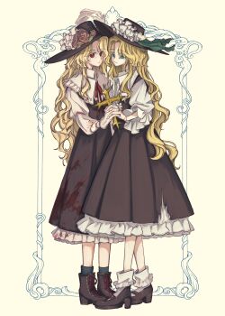 2girls absurdres ankle_boots blonde_hair blood blood_on_clothes blue_eyes bobby_socks boots brown_hat brown_shoes brown_skirt commentary_request cross dolls_in_pseudo_paradise feathers flower frilled_hat frilled_shirt_collar frilled_skirt frilled_sleeves frills full_body green_feathers hat hat_feather hat_flower highres holding holding_cross jacket_girl_(dipp) juliet_sleeves long_hair long_sleeves looking_at_viewer mary_janes multiple_girls multiple_persona neck_ribbon petticoat puffy_sleeves red_eyes red_flower red_ribbon red_rose ribbon rose shirt shoes skirt socks standing touhou uzumibi very_long_hair wavy_hair white_ribbon white_shirt white_socks