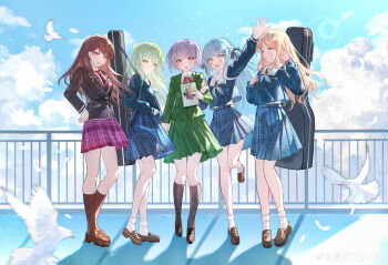 5girls absurdres bang_dream! bang_dream!_it's_mygo!!!!! bird black_jacket black_socks blonde_hair blue_eyes blue_hair blue_serafuku blue_shirt blue_skirt blush brown_hair brown_shoes brown_socks chinese_commentary cloud commentary_request commission crychic_(bang_dream!) day full_body green_hair green_jacket green_skirt grey_neckerchief hair_ribbon hand_on_own_hip haneoka_school_uniform highres instrument_case instrument_case_on_back jacket loafers looking_at_viewer multiple_girls nagasaki_soyo neck_ribbon neckerchief necktie notebook outdoors pink_eyes plaid_clothes plaid_skirt purple_hair purple_necktie purple_skirt railing red_eyes red_ribbon ribbon sakura_amano sample_watermark school_uniform second-party_source serafuku shadow shiina_taki shirt shoes skirt socks takamatsu_tomori togawa_sakiko tsukinomori_school_uniform wakaba_mutsumi watermark watermark_grid weibo_watermark white_socks