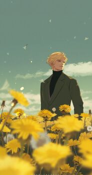 1boy absurdres black_shirt blonde_hair blowing blue_eyes char_aznable closed_mouth dandelion dandelion_seed field film_grain flower flower_field green_jacket gundam gundam_gquuuuuux hayakuinnitte highres jacket lapels long_sleeves looking_afar male_focus notched_lapels outdoors shirouzu_(gundam) shirt short_hair smile solo translation_request turtleneck yellow_flower