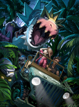 aerodactyl black_shirt blue_shirt bright_pupils brown_hair brown_hat chasing collared_shirt commentary cranidos dark-skinned_male dark_skin diantha_(pokemon) dinosaur driving english_commentary gen_1_pokemon gen_4_pokemon gen_6_pokemon grant_(pokemon) hair_ornament hand_on_headwear hat headlight_beam highres jacket jewelry jurassic_park leaf mcgmark motor_vehicle necklace nintendo nostrils open_clothes open_jacket open_mouth parody pink_jacket plant pokemon pokemon_(creature) pokemon_xy red_eyes saliva sharp_teeth shieldon shirt short_hair short_sleeves signature teeth tongue tyrantrum white_pupils