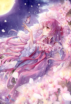 Rule 34 | 1girl, absurdres, bug, butterfly, butterfly on hand, cherry blossoms, closed mouth, commentary request, flower, full moon, hand up, hayamasora, highres, insect, japanese clothes, kimono, long hair, moon, night, original, outdoors, painting (medium), petals, pink flower, purple hair, smile, solo, spring (season), traditional media, watercolor (medium)