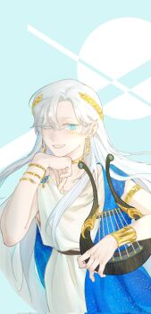 1girl armlet blue_eyes bracelet colored_eyelashes commentary_request diamond-shaped_pupils diamond_(shape) earrings frost_silver gold_armlet gold_bracelet gold_choker gold_earrings grin highres holding holding_instrument holding_lyre hoop_earrings instrument iris_wen jewelry laurel_crown long_hair looking_at_viewer love_curse:_find_your_soulmate lyre one_eye_closed pale_skin pink_lips smile solo symbol-shaped_pupils white_eyelashes white_hair