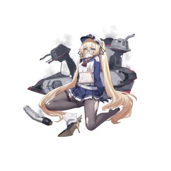 Rule 34 | 1girl, anchor ornament, artist request, black pantyhose, black ribbon, black shoes, blonde hair, blue choker, blue eyes, blue gloves, blue sailor collar, blue shirt, blue skirt, blush, breasts, cassard (warship girls r), choker, cropped shirt, glasses, gloves, hair ribbon, hat, high heels, highres, long hair, long sleeves, looking at viewer, midriff, multicolored shirt, navel, o-ring, o-ring choker, official art, pantyhose, ribbon, rigging, sailor collar, semi-rimless eyewear, ship turret, shirt, shoes, skirt, small breasts, solo, torn clothes, torn pantyhose, torn shirt, torpedo, transparent background, twintails, underboob, unworn shoes, warship girls r, white hat, white shirt