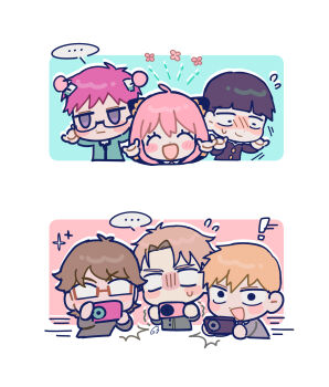 ... 1girl 5boys anya_(spy_x_family) black_hair blonde_hair blush bowl_cut brown_hair camera chibi closed_eyes commentary crossover eden_academy_school_uniform flying_sweatdrops gakuran glasses highres holding holding_camera hyeon_0613 kageyama_shigeo mob_psycho_100 motion_lines multiple_boys multiple_crossover opaque_glasses open_mouth pink_hair purple_eyes reigen_arataka saiki_kuniharu saiki_kusuo saiki_kusuo_no_psi_nan school_uniform smile spoken_ellipsis spy_x_family sweatdrop trait_connection twilight_(spy_x_family)