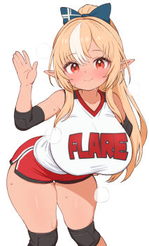 1girl alternate_costume blonde_hair blue_bow bow breasts character_name commentary_request dark-skinned_female dark_skin elbow_pads elf feet_out_of_frame hair_bow hand_up high_ponytail highres hololive kani_bonara knee_pads large_breasts leaning_forward light_blush long_hair looking_at_viewer multicolored_hair pointy_ears ponytail red_eyes red_shorts shiranui_flare shirt short_shorts shorts simple_background sleeveless sleeveless_shirt smile solo sportswear standing steaming_body streaked_hair sweat thigh_gap virtual_youtuber volleyball_uniform waving white_background white_hair white_shirt