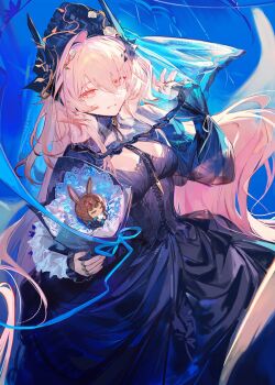 1girl amiya_(arknights) arknights black_dress bouquet breasts character_doll cleavage commentary doll dooduck dress flower highres holding holding_bouquet horns jewelry long_hair long_sleeves looking_at_viewer medium_breasts multiple_rings official_alternate_costume parted_lips pink_eyes pink_hair ring see-through_clothes smile solo symbol-only_commentary theresa_(arknights) theresa_(condolence)_(arknights) veil very_long_hair