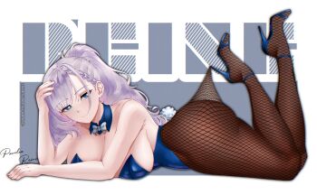 1girl bare_shoulders blue_leotard breasts collarbone commentary english_commentary fishnet_pantyhose fishnets full_body green_eyes grey_hair highres hololive hololive_indonesia lace_pantyhose_hooked_on_heel_(meme) large_breasts leotard long_hair looking_at_viewer meme muhammaddeny pantyhose pavolia_reine playboy_bunny simple_background solo virtual_youtuber