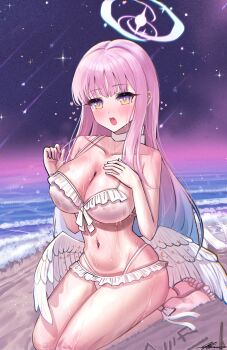 1girl absurdres angel_wings bikini blue_archive blush breasts choker cleavage commentary_request eyelashes feathered_wings frilled_bikini frills full_body hair_down halo highres long_hair looking_at_viewer low_wings medium_breasts mika_(blue_archive) mika_(swimsuit)_(blue_archive) official_alternate_costume official_alternate_hairstyle open_mouth pillow pink_hair pink_halo sideboob sitting solharuu solo straight_hair swimsuit thighs very_long_hair white_bikini white_choker white_wings wing_ornament wings yellow_eyes