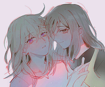 Rule 34 | 2girls, bang dream!, bang dream! it's mygo!!!!!, blonde hair, brown eyes, brown hair, commentary, hair between eyes, holding hands, interlocked fingers, long hair, looking at viewer, maybecrosswise, misumi uika, multiple girls, open mouth, pink background, purple eyes, sidelocks, simple background, sumimi (bang dream!), sumita mana, white background, yuri