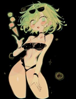 1girl bikini black_background black_bikini blush breasts commentary cropped_legs eyewear_on_head floating_food food green_eyes green_hair hair_between_eyes highres ice_cream ice_cream_cone looking_at_viewer navel one-punch_man open_mouth parted_bangs short_hair small_breasts solo sunglasses swept_bangs swimsuit tatsumaki telekinesis thighs usa37107692