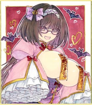 1girl bat_(animal) blush breasts breasts_out brown_hair chikinan_tarou chinese_clothes covering_nipples covering_privates dress eyewear_on_head fate/grand_order fate_(series) hair_ornament hairband halloween highres jiangshi large_breasts long_hair long_sleeves looking_at_viewer ofuda ofuda_on_nipples open_mouth osakabehime_(fate) painting_(medium) pasties pink_dress purple_eyes sleeves_past_wrists smile solo traditional_media upper_body watercolor_(medium) white_hairband