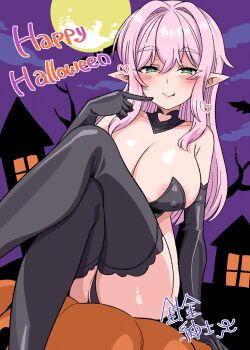 1girl areola_slip black_gloves black_thighhighs blush breasts covered_erect_nipples crossed_legs detached_collar elbow_gloves english_text full_moon gloves green_eyes halloween harigane_shinshi highres large_breasts long_hair looking_at_viewer moon night original pink_hair pointy_ears revealing_clothes sitting smile solo thighhighs undersized_breast_cup