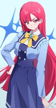 1girl aqua_gem arm_at_side bad_tag blue_background blue_jacket blue_skirt bow bowtie collared_shirt commentary_request cowboy_shot cropped_jacket dolldolldd gem hand_on_own_hip highres himitsu_no_aipri ichijouji_sakura jacket korean_commentary long_hair long_skirt long_sleeves looking_at_viewer paradise_private_academy_school_uniform pretty_series red_eyes red_hair school_uniform shirt skirt smile solo sparkle standing straight_hair tsurime v-shaped_eyebrows very_long_hair yellow_bow yellow_bowtie