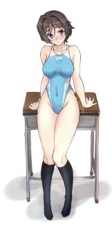 1girl black_socks blue_one-piece_swimsuit brown_eyes brown_hair commentary_request competition_swimsuit covered_navel desk highleg highleg_one-piece_swimsuit highres muv-luv muv-luv_alternative one-piece_swimsuit school_desk short_hair simple_background sitting socks solo swimsuit takamura_yui take_(pixiv58784208) white_background