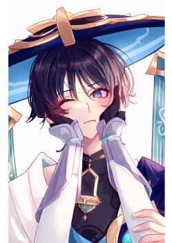 Rule 34 | 1boy, abyss of alyss, anemo symbol (genshin impact), black bodysuit, black gloves, black hair, blue cape, blue gem, blue kimono, blunt ends, bodysuit, border, cape, cheek squash, commentary, english commentary, eyelashes, eyeliner, female pov, gem, genshin impact, gloves, gold, hand on another's arm, hands on another's face, hat, highres, japanese clothes, jingasa, juban, kimono, looking at viewer, lumine (genshin impact), makeup, mandarin collar, one eye closed, open clothes, open kimono, partially fingerless gloves, portrait, pov, purple cape, purple eyes, red eyeliner, scaramouche (genshin impact), shoulder peek, tsurime, vambraces, vision (genshin impact), wanderer (genshin impact), white background, white border, white kimono, white sleeves, wispy bangs
