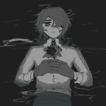 1boy bags_under_eyes bow buttons closed_mouth collared_shirt expressionless flower gloves greyscale hair_over_one_eye holding holding_flower male_focus monochrome original pants roseary ryder_(roseary) shirt short_hair solo water