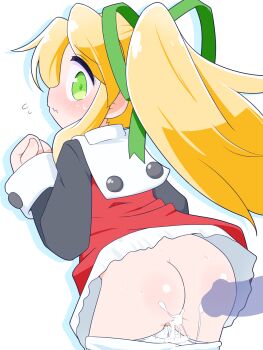 1girl after_vaginal aftersex ass blonde_hair cello_(20000) cum cum_in_pussy cum_string dress green_eyes green_ribbon hair_ribbon hetero highres loli long_hair looking_back mega_man_(series) panties panty_pull penis penis_silhouette ponytail pussy ribbon roll_(mega_man) standing sweat underwear webp-to-png_conversion white_background white_panties