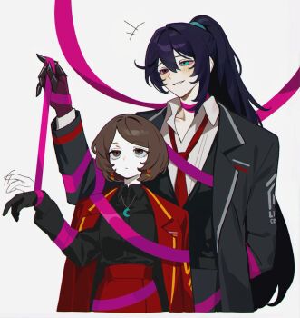 1boy 1girl age_difference bags_under_eyes black_gloves black_shirt blush bob_cut brown_hair clawed_gauntlets coat coat_on_shoulders collared_shirt crescent crescent_necklace e.g.o_(project_moon) gloves gold_trim hair_tie half_updo height_difference hetero heterochromia highres hong_lu_(project_moon) jewelry limbus_company long_hair moony_(past_desiderium) necklace necktie oc_x_canon open_clothes open_coat parted_bangs past_desiderium pink_ribbon project_moon puppet_strings puppeteering rectangular_earrings red_necktie ribbon ribbon_around_body roseate_desire_(e.g.o) shirt sidelocks skirt smile waving white_shirt