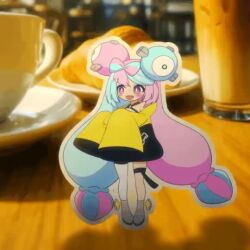 1girl animated breasts dancing iono_(pokemon) kakk_e large_breasts mini_person minigirl multicolored_hair nintendo on_table pokemon pokemon_sv smile table twintails two-tone_hair video wide_sleeves