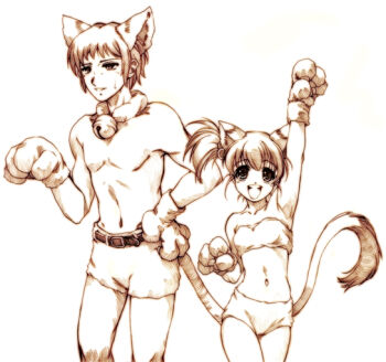 Rule 34 | 00s, 1boy, 1girl, animal ears, bell, bikini, boxers, brother and sister, bw, cat ears, collar, kyon, kyon no imouto, male underwear, ponytail, shorts, siblings, suzumiya haruhi no yuuutsu, swimsuit, underwear, valalpa