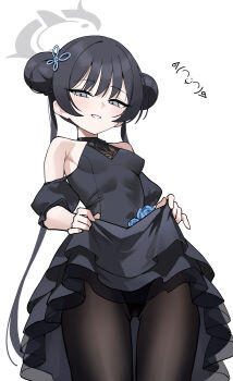 1girl absurdres bare_shoulders black_dress black_hair black_panties black_pantyhose blue_archive blue_flower blue_rose blush breasts clothes_lift commentary_request double_bun dress dress_lift flower gluteal_fold grey_eyes grey_halo hair_bun hair_ornament halo halter_dress halterneck highres kaminari_(edeath) kisaki_(blue_archive) kisaki_(dress)_(blue_archive) lifting_own_clothes long_hair looking_at_viewer official_alternate_costume panties panties_under_pantyhose pantyhose rose simple_background small_breasts smile twintails underwear white_background