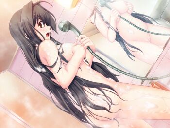 1girl ahoge ass bath bathroom black_hair blush breasts brown_eyes covering_privates dutch_angle game_cg grabbing_own_breast hair_intakes indoors large_breasts large_variant_set long_hair maishima_yuri mirror navel nerawareta_megami_tenshi_angel_tear nipples non-web_source nude official_art open_mouth pussy reflection shower_head showering solo standing steam tile_wall tiles tsukumo_kazuita variant_set very_long_hair water wet
