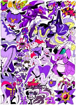 absolutely_everyone aerodactyl alternate_color ambipom ariados braixen cherrim cherrim_(overcast) commentary doublade dragalge drifblim drifloon dustox ekans english_commentary espurr everyone furry furry_female furry_male galarian_articuno galarian_form gen_1_pokemon gen_2_pokemon gen_3_pokemon gen_4_pokemon gen_5_pokemon gen_6_pokemon gen_7_pokemon gen_8_pokemon genesect goomy gothorita granbull highres hisuian_sneasel indeedee indeedee_(female) indeedee_(male) kurosame_haiki legendary_pokemon lileep malamar miraidon multiple_boys multiple_girls multiple_others mythical_pokemon nidoking nintendo noibat poipole pokemon pokemon_(creature) pokemon_focus purple_theme purrloin shiny_pokemon simple_background sliggoo starmie stunky toxel tyrogue ultra_beast white_background