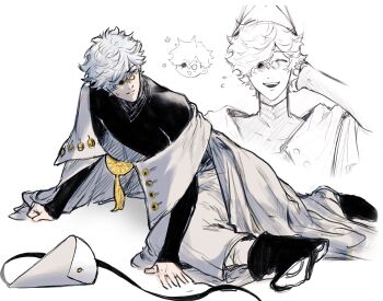 1boy cloak glasses happy hashtag-only_commentary hat hat_tassel highres male_focus multiple_views on_ground qifrey_(tongari_boushi_no_atelier) sweatdrop tongari_boushi_no_atelier white_hair youre_uru