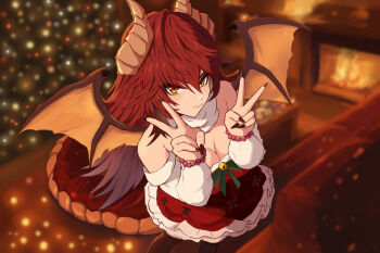 1girl black_nails breasts christmas_tree closed_mouth couch double_v dragon_girl dragon_horns dragon_tail dragon_wings dress fireplace fur-trimmed_dress fur_trim horns indie_virtual_youtuber indoors large_breasts long_hair looking_at_viewer meibin nail_polish red_dress red_hair solo tail v virtual_youtuber wings yellow_eyes zentreya zentreya_(dragon)
