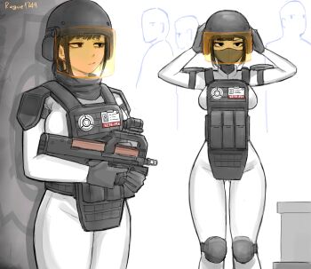 1girl :/ absurdres adjusting_clothes adjusting_headwear against_wall artist_name asymmetrical_bangs averting_eyes badge balaclava black_eyes black_hair body_armor bodysuit bored breasts bullpup closed_mouth cowboy_shot crowd empty_eyes face_shield feet_out_of_frame gloves gluteal_fold grey_gloves grey_helmet gun helmet highres holding holding_gun holding_weapon id_card knee_pads looking_at_viewer looking_to_the_side mask medium_breasts mouth_mask multiple_views narrow_waist narrowed_eyes original p90 pouch rogue1749 scp_foundation security_guard shadow shoulder_pads signature sketch solo_focus submachine_gun thigh_gap tinted_eyewear trigger_discipline two-handed weapon white_background white_bodysuit wide_hips yellow-tinted_eyewear