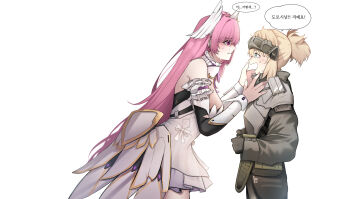 Rule 34 | 2girls, absurdres, armor, bare shoulders, blonde hair, blue eyes, blush, braid, breasts, cloak, detached sleeves, dorothy (nikke), dress, flower-shaped hair, frilled dress, frills, goddess of victory: nikke, hair bun, hair intakes, head-mounted display, highres, korean text, large breasts, long hair, looking to the side, multiple girls, open mouth, pink hair, pinne (nikke), ponytail, product 23 (nikke), ptsd, purple eyes, short ponytail, singiru, single side bun, smile, tearing up, tears, thighhighs, trembling, very long hair, white cloak, white dress