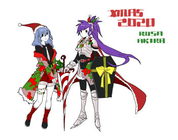 Rule 34 | 2020, 2girls, armor, black shirt, blue hair, christmas, christmas (e.g.o), closed mouth, collared shirt, commentary request, employee (project moon), full body, hat, high ponytail, highres, lance, lobotomy corporation, long hair, looking at viewer, medium hair, multiple girls, necktie, nugget (project moon), patchwork clothes, patchwork skin, polearm, ponytail, project moon, purple hair, red hat, shield, shirt, simple background, smile, very long hair, weapon, wei qie zaisheng, white background, white necktie