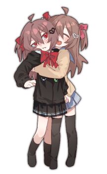 2girls ahoge asymmetrical_legwear black_cardigan black_skirt black_socks black_thighhighs blue_sailor_collar blue_skirt bow bowtie broken_heart broken_heart_hair_ornament brown_hair cardigan closed_eyes closed_mouth conversion806f dress_shirt evil_neuro-sama fang full_body hair_between_eyes hair_ornament hair_ribbon hashtag-only_commentary heart heart_hair_ornament hug hug_from_behind long_hair long_sleeves medium_skirt multiple_girls neuro-sama no_shoes open_mouth red_bow red_bowtie red_ribbon ribbon sailor_collar shirt siblings simple_background single_sock single_thighhigh sisters skirt slit_pupils socks standing thighhighs twins two_side_up uneven_legwear vedal_ai virtual_youtuber white_background white_shirt yellow_cardigan